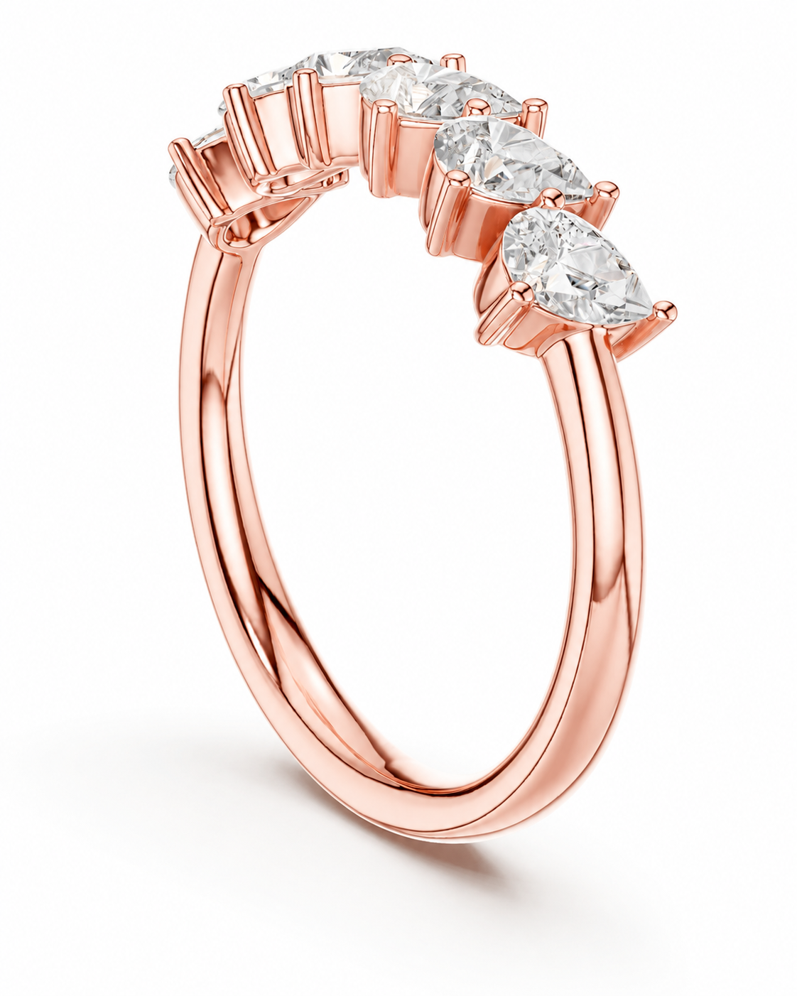color_10K_RG, color_14K_RG &&A rose gold ring featuring a row of clear pear-cut gemstones in a prong setting, shown on a clean white background.