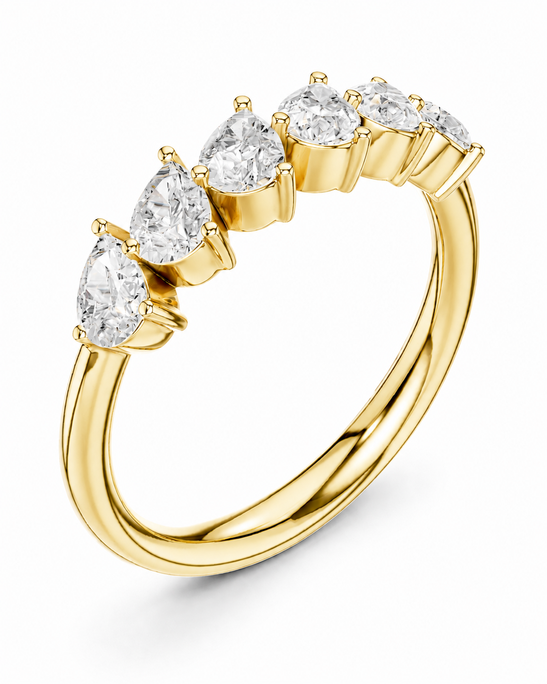 color_10K_YG, color_14K_YG &&A yellow gold ring featuring five pear-cut clear gemstones in a row, set in a polished gold band on a clean white background.