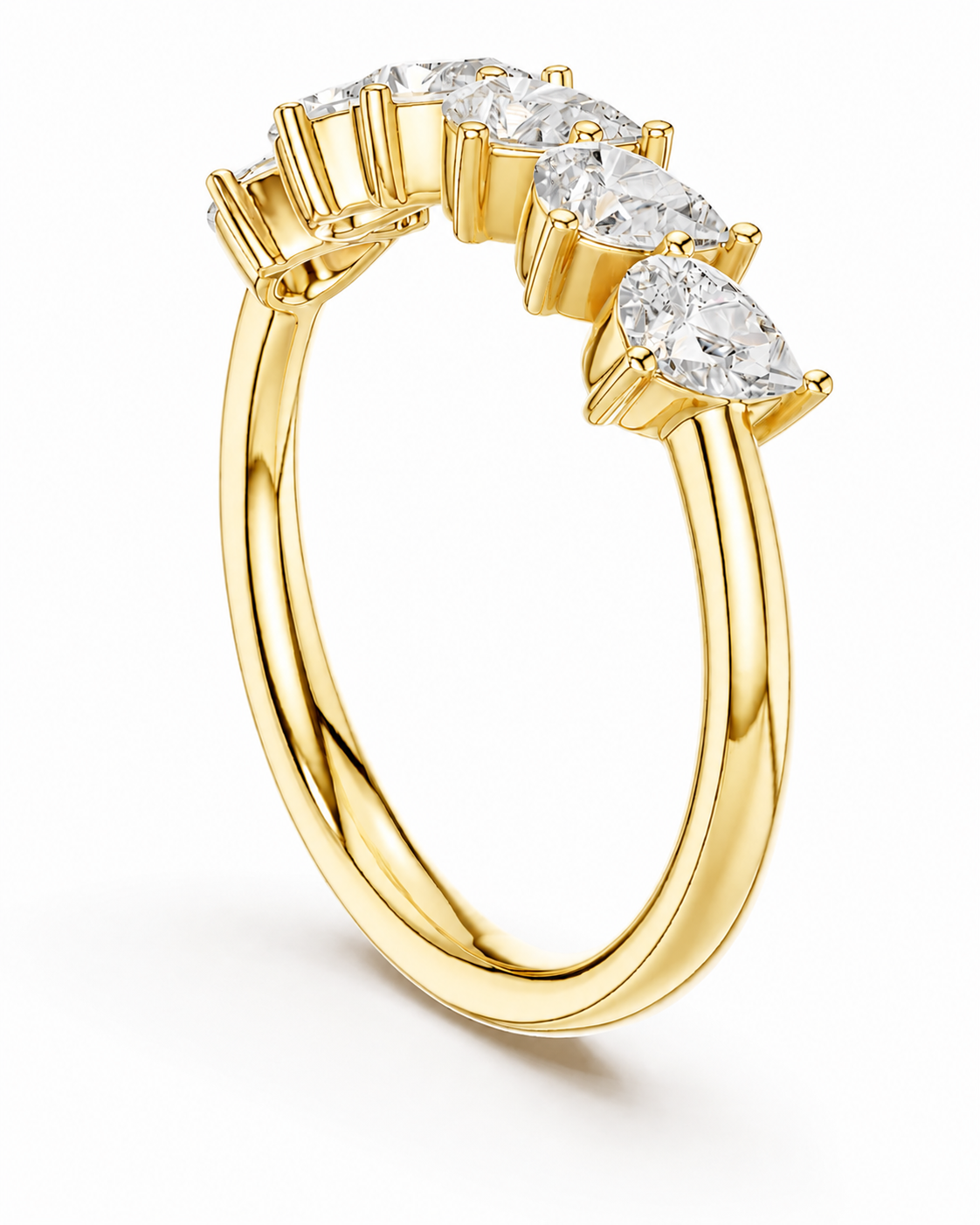 color_10K_YG, color_14K_YG &&A yellow gold ring featuring a row of clear gemstones, including three pear-cut stones, set against a clean white background.