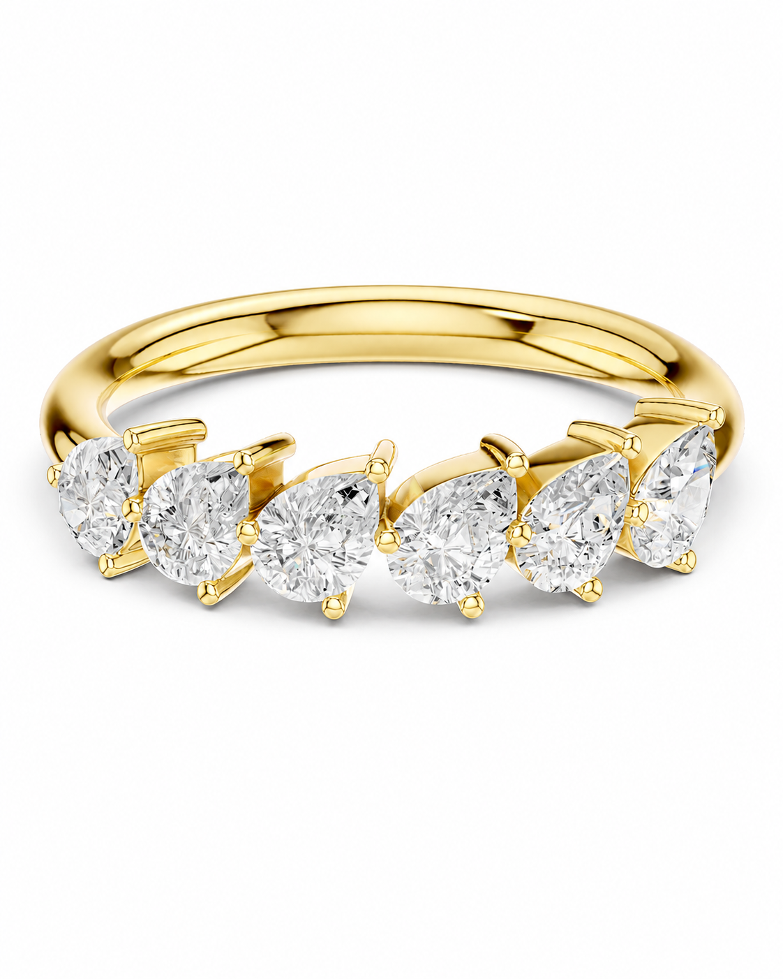 color_10K_YG, color_14K_YG &&A yellow gold eternity-style ring featuring a row of pear-cut clear gemstones in prong settings, shown on a clean white background.