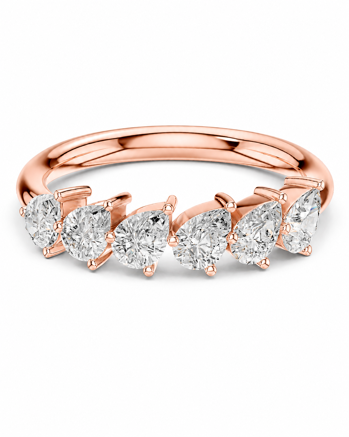 color_10K_RG, color_14K_RG &&A rose gold solitaire ring featuring a row of seven pear-cut clear gemstones, set against a clean white background.