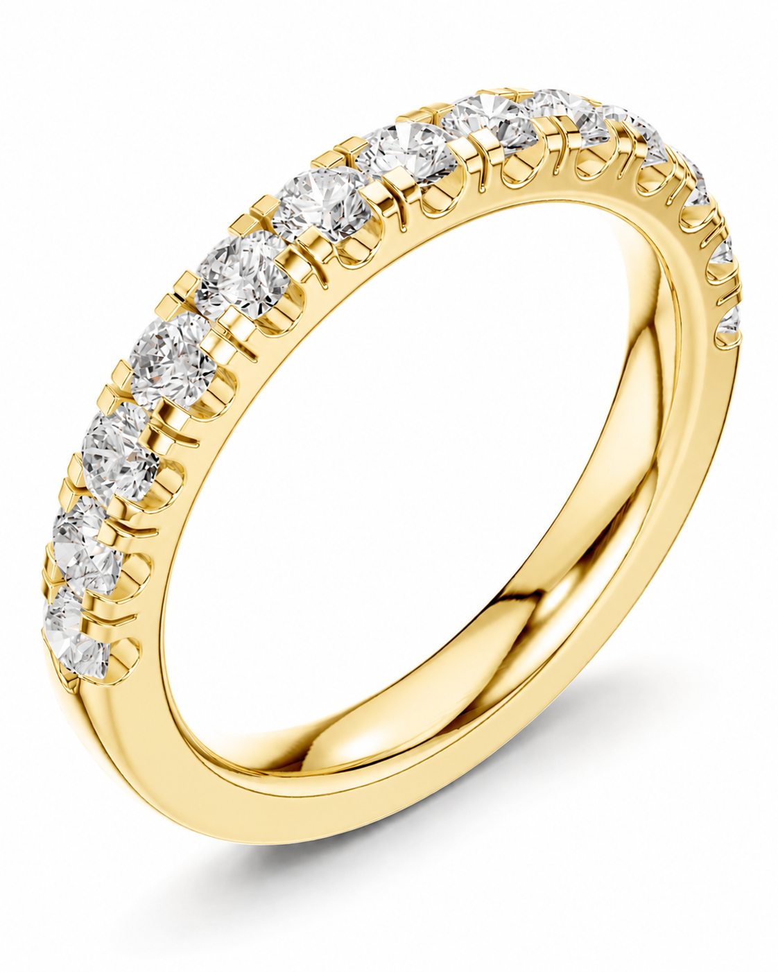 color_10K_YG, color_14K_YG &&A yellow gold eternity ring featuring a continuous row of round-cut clear gemstones set in a prong setting, shown on a clean white background.