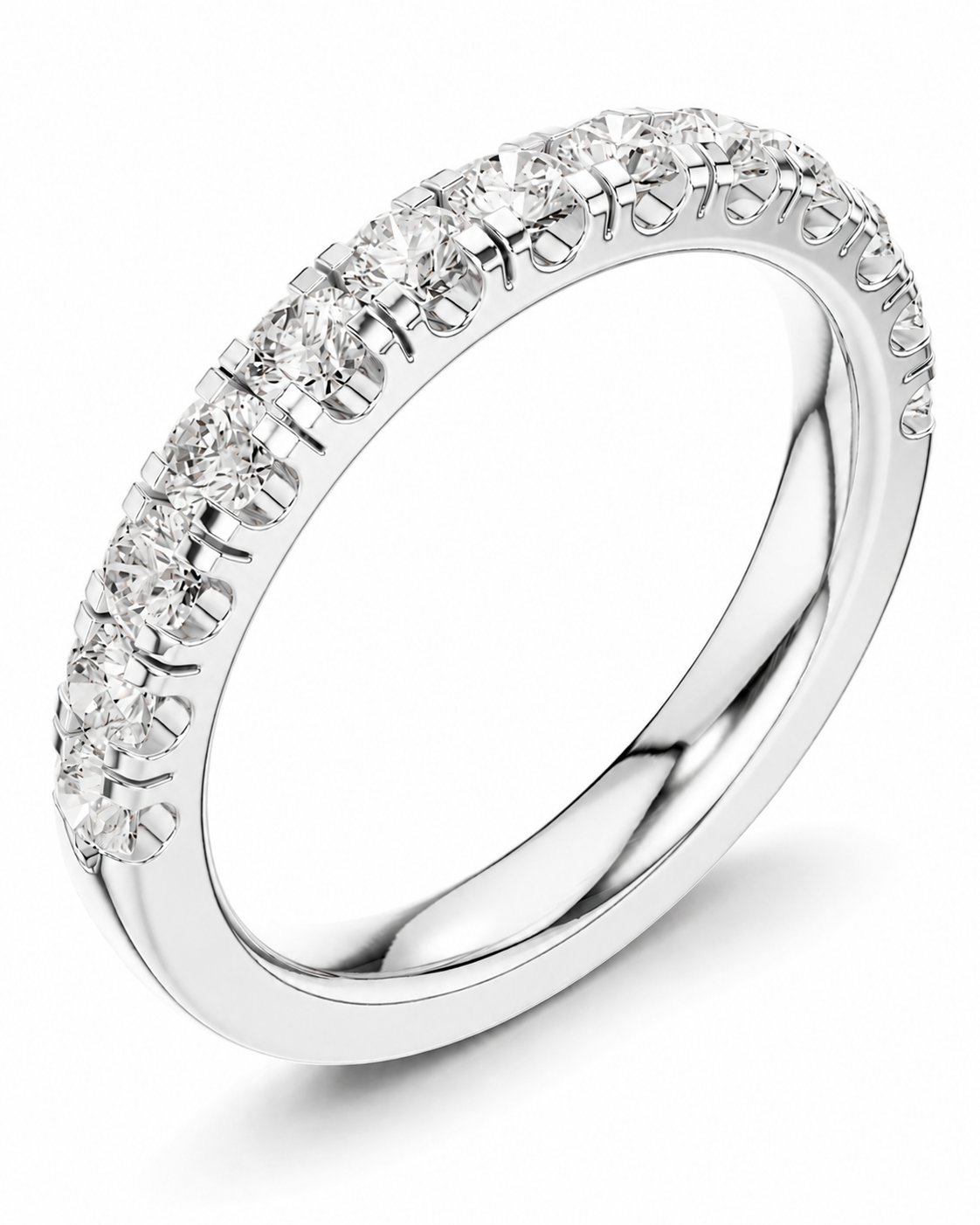 color_925_SIL,color_935_ARG,color_10K_WG, color_14K_WG &&A silver-toned eternity ring featuring a continuous row of round-cut clear gemstones set in a polished band, shown on a clean white background.