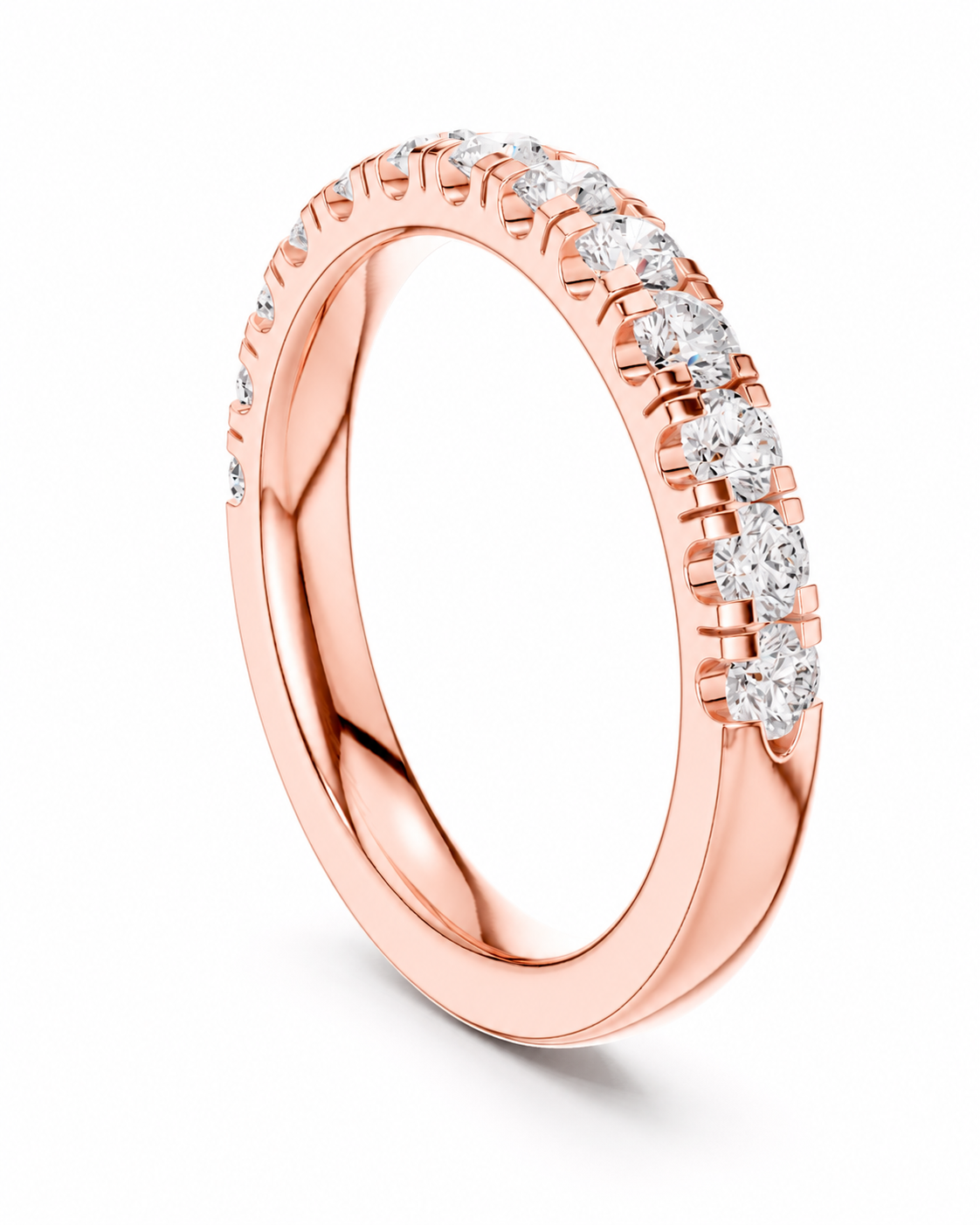 color_10K_RG, color_14K_RG &&A rose gold eternity ring featuring a row of round brilliant-cut diamonds set along the outer band, shown on a clean white background.