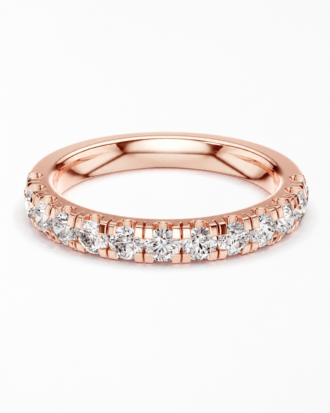 color_10K_RG, color_14K_RG &&A rose gold eternity ring featuring a continuous row of round brilliant-cut diamonds set in a polished rose gold band, shown on a clean white background.