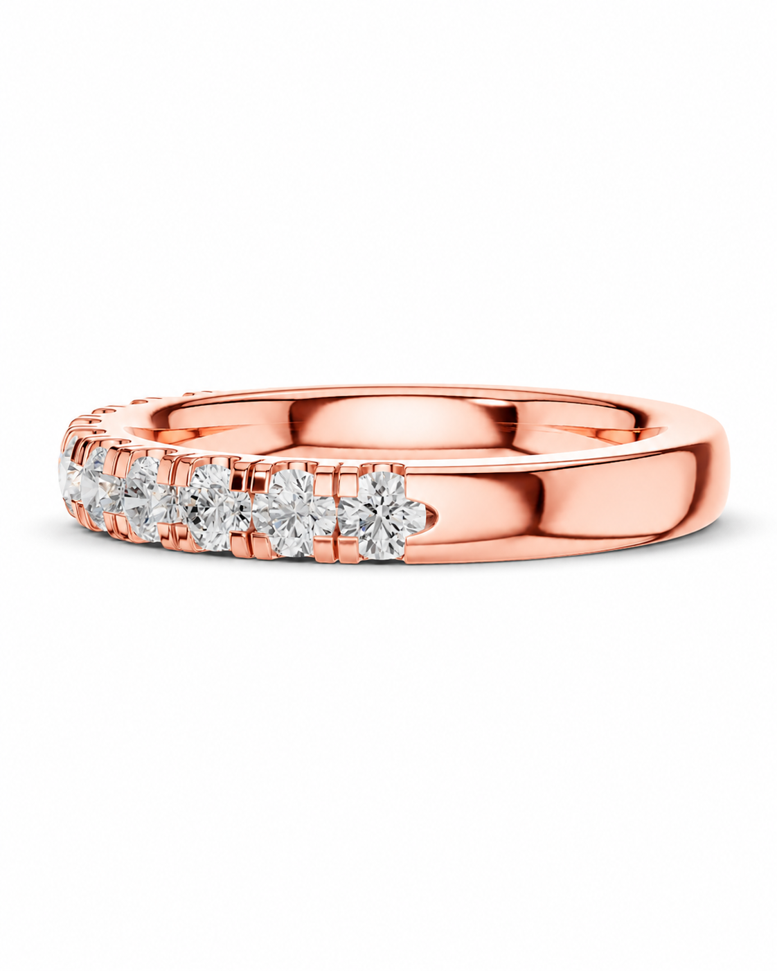 color_10K_RG, color_14K_RG &&A rose gold eternity ring featuring a row of round brilliant-cut diamonds set in a polished band, shown against a clean white background.