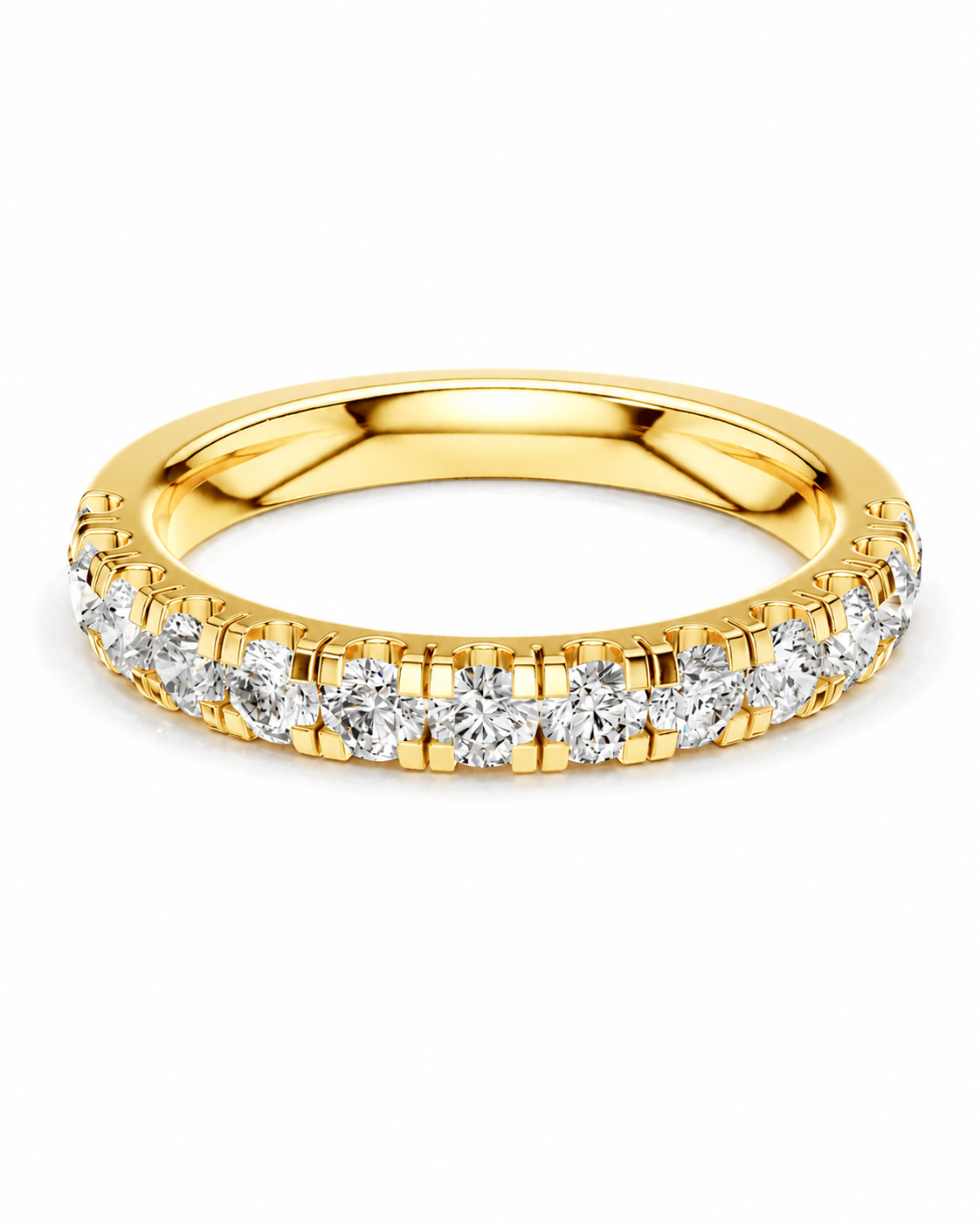 color_10K_YG, color_14K_YG &&A yellow gold eternity ring featuring a continuous row of round brilliant-cut diamonds in a prong setting, shown on a clean white background.
