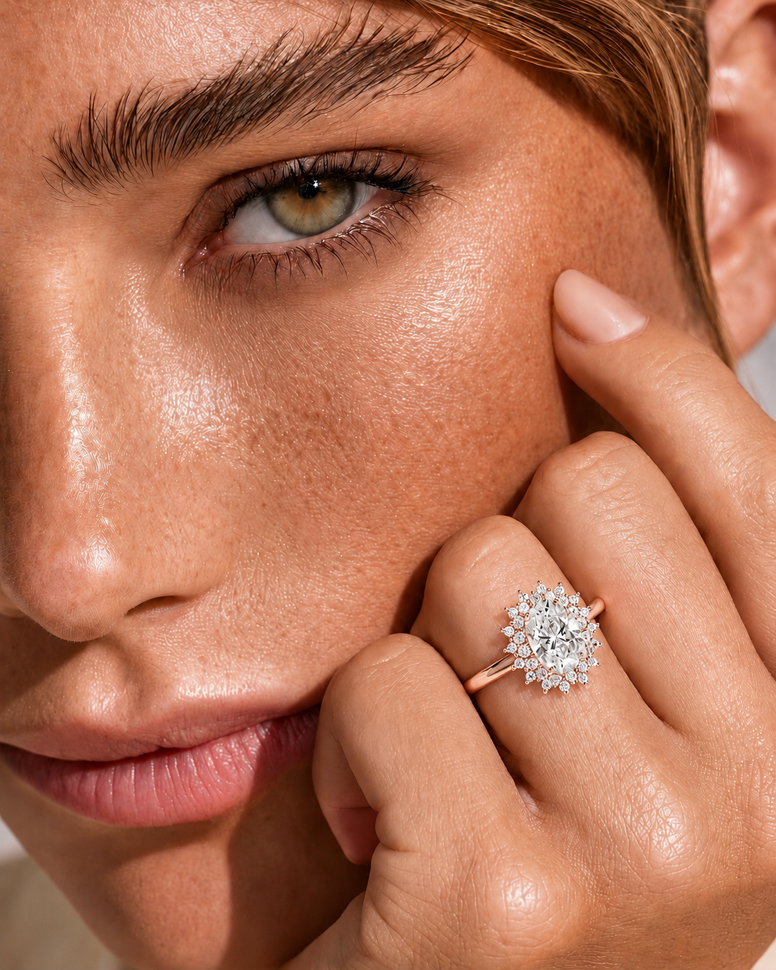 color_10K_RG, color_14K_RG &&Close-up of a model's face and hand wearing a rose gold halo ring with a round cluster of clear gemstones.