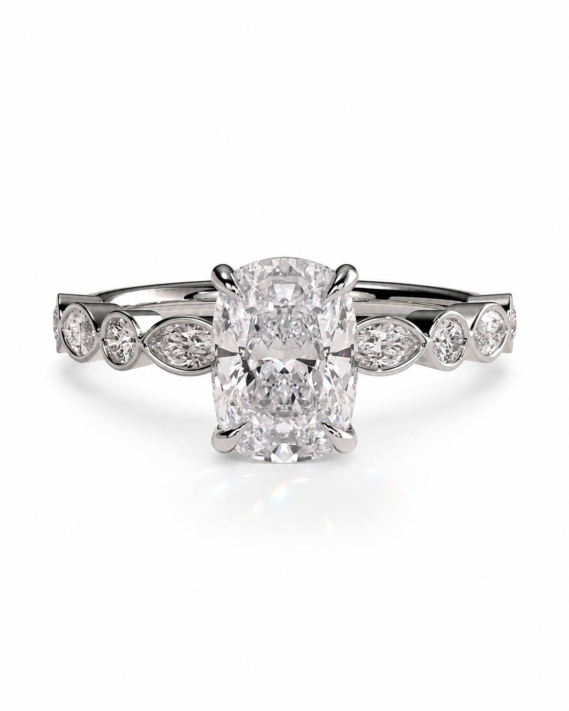 color_925_SIL,color_935_ARG,color_10K_WG, color_14K_WG &&
A radiant cut diamond engagement ring with a silver-toned band featuring marquise and round diamonds, set against a clean white background.