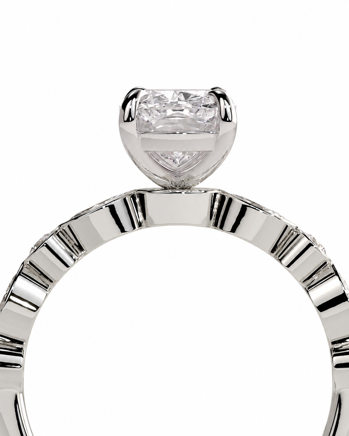 color_925_SIL,color_935_ARG,color_10K_WG, color_14K_WG &&
A close-up studio shot of a silver-toned ring featuring a large, clear, heart-shaped diamond in a prong setting, with a fluted band design, set against a plain white background.