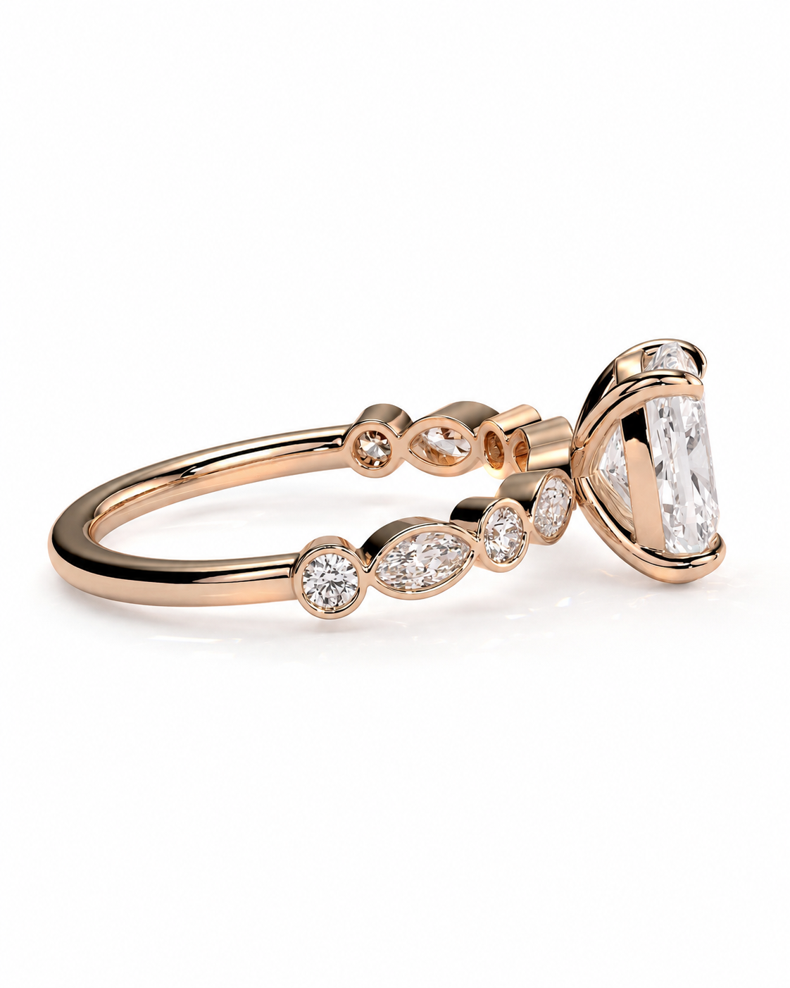 color_10K_RG, color_14K_RG &&
A rose gold ring featuring a marquise-cut clear center stone and smaller round and marquise-cut clear accent stones along the band, shown on a clean white background.