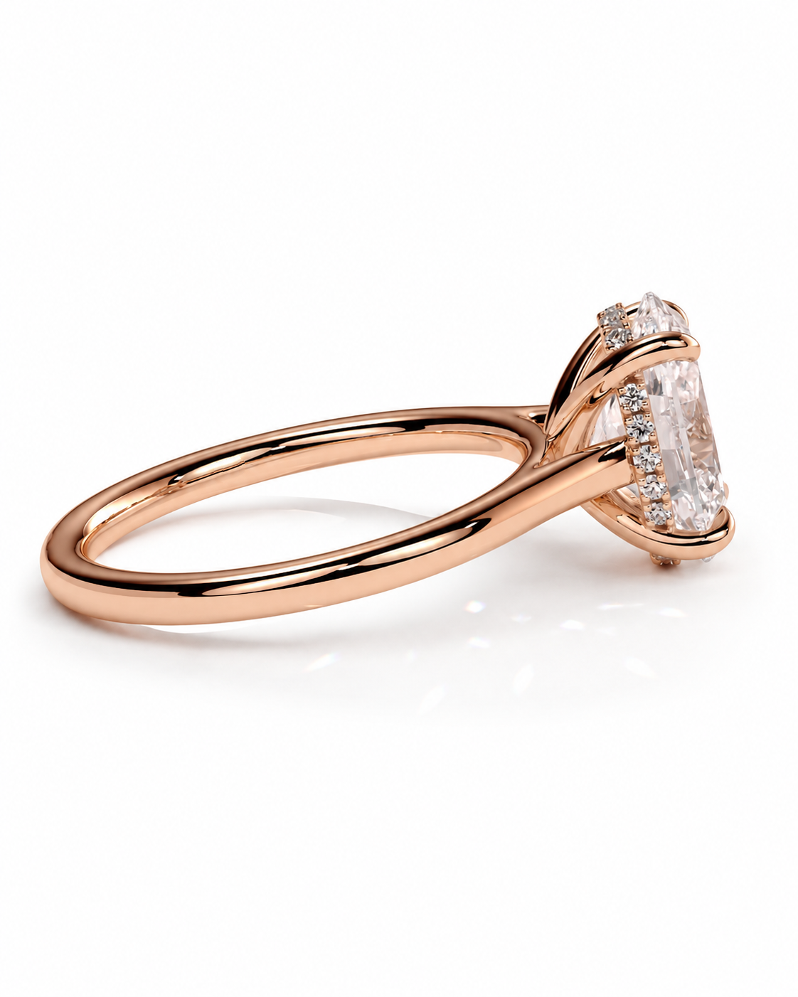 color_10K_RG, color_14K_RG &&A rose gold engagement ring featuring a large oval-cut center stone and a halo of smaller round stones, shown on a clean white background.
