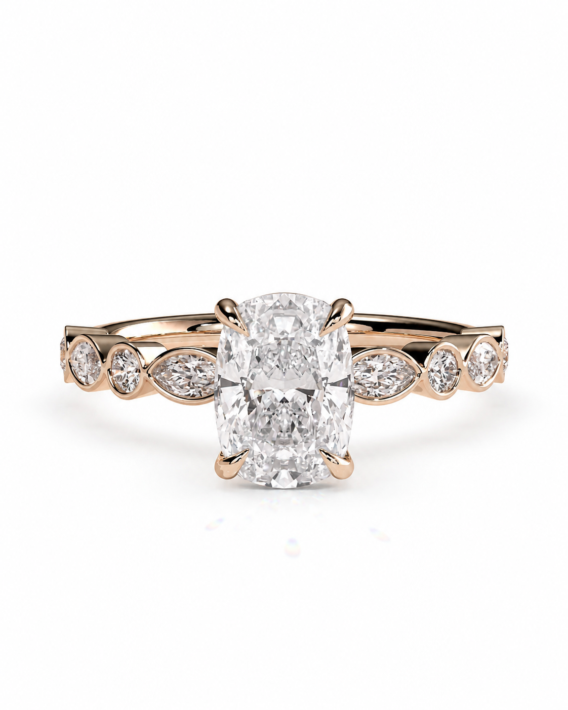 color_10K_RG, color_14K_RG &&
A rose gold engagement ring featuring a large oval-cut center diamond flanked by marquise and round diamonds on a delicate shank, shown on a white background.