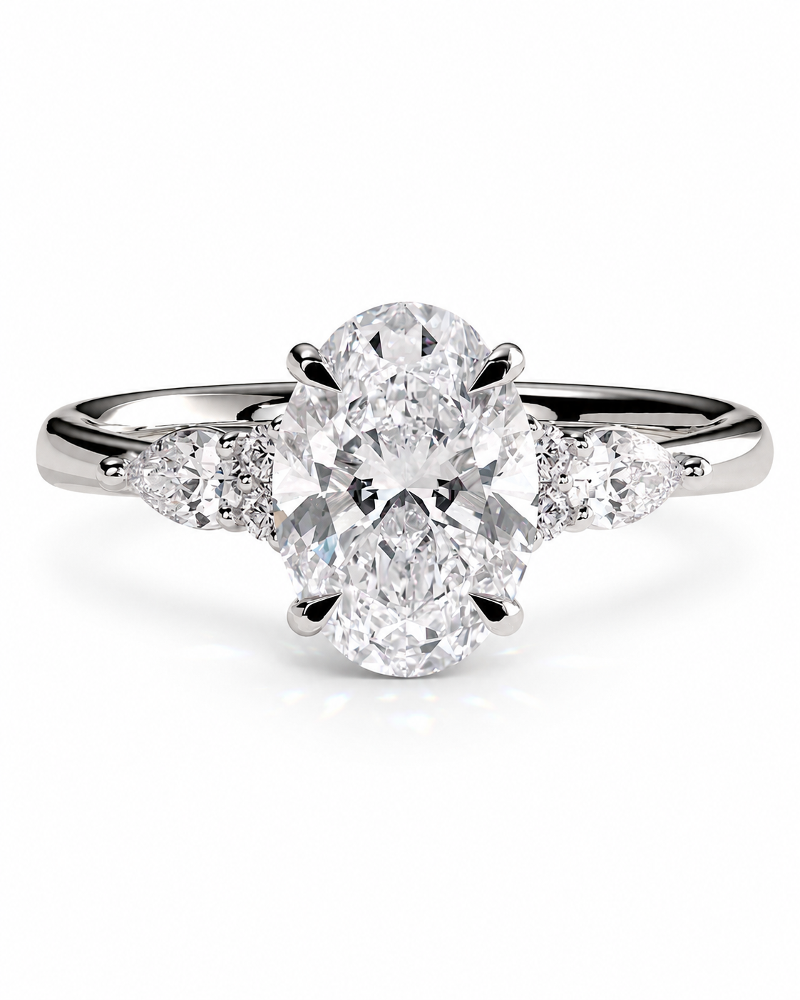 color_925_SIL,color_935_ARG,color_10K_WG, color_14K_WG &&An oval-cut diamond engagement ring with a three-stone setting and diamond accents on the band, shown on a clean white background.