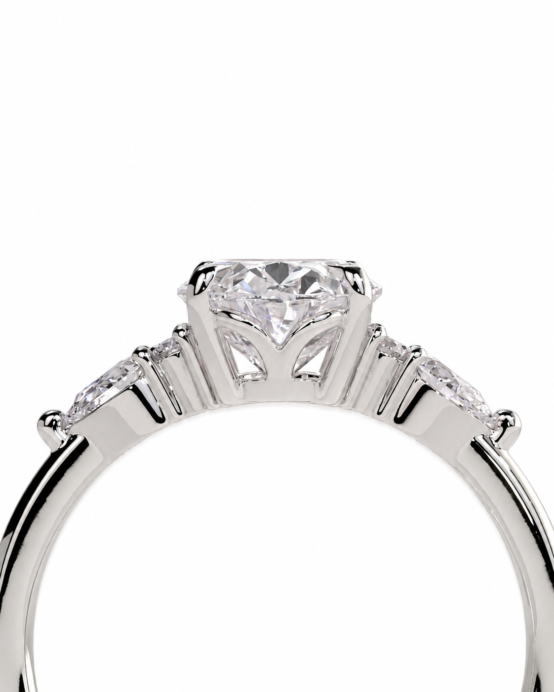 color_925_SIL,color_935_ARG,color_10K_WG, color_14K_WG &&A close-up shot of a silver-toned diamond ring featuring a heart-shaped center stone and marquise-cut side stones on a plain white background.