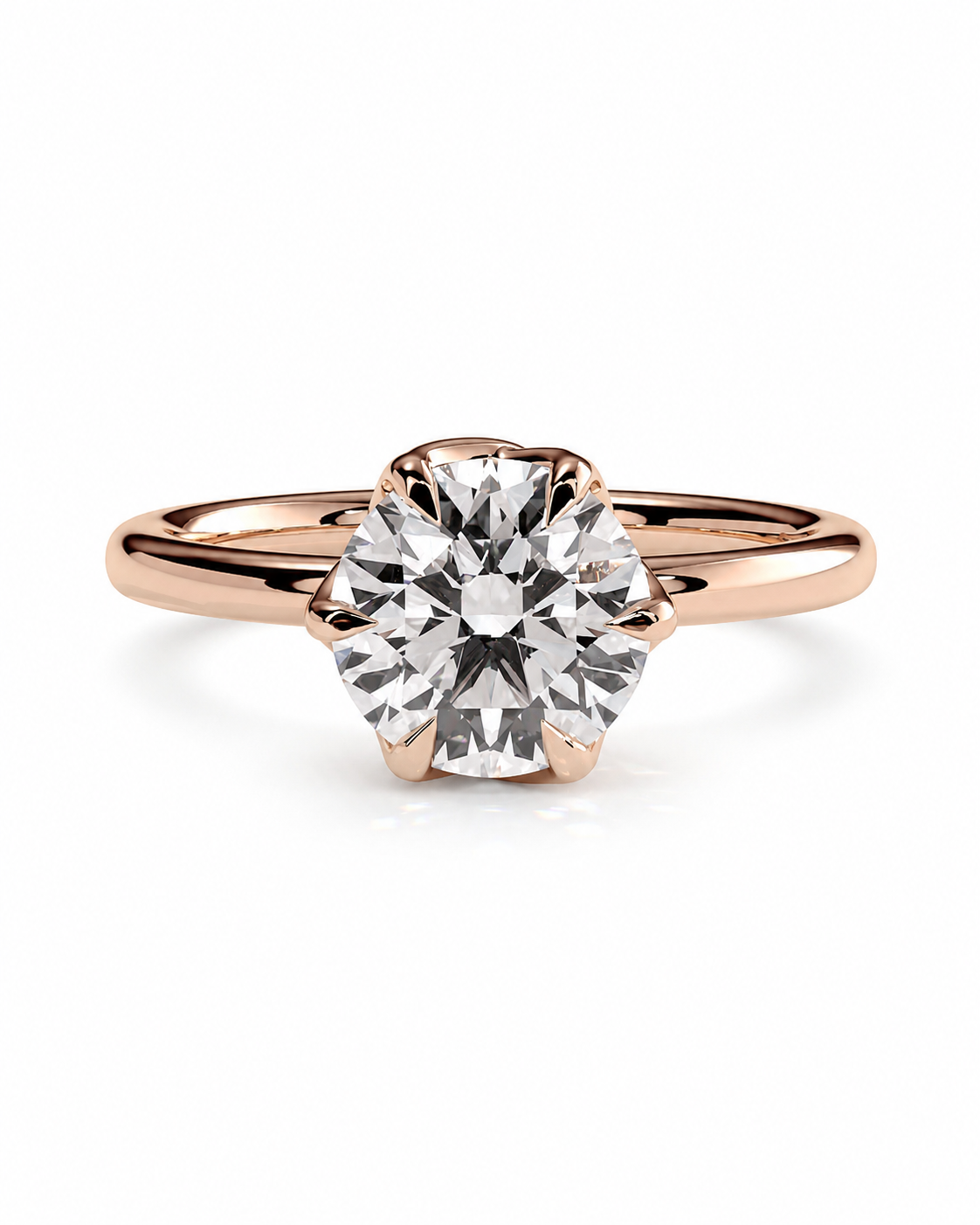 color_10K_RG, color_14K_RG &&A classic solitaire engagement ring featuring a round brilliant-cut diamond set in a rose gold four-prong setting, on a polished rose gold band, shot against a seamless white background.