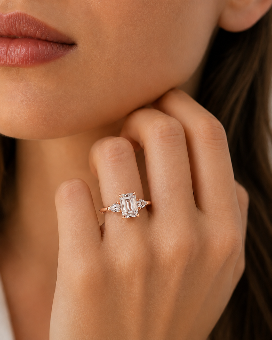 color_10K_RG, color_14K_RG &&A close-up lifestyle shot of a model's hand wearing a rose gold ring with an emerald-cut center stone and small side stones.