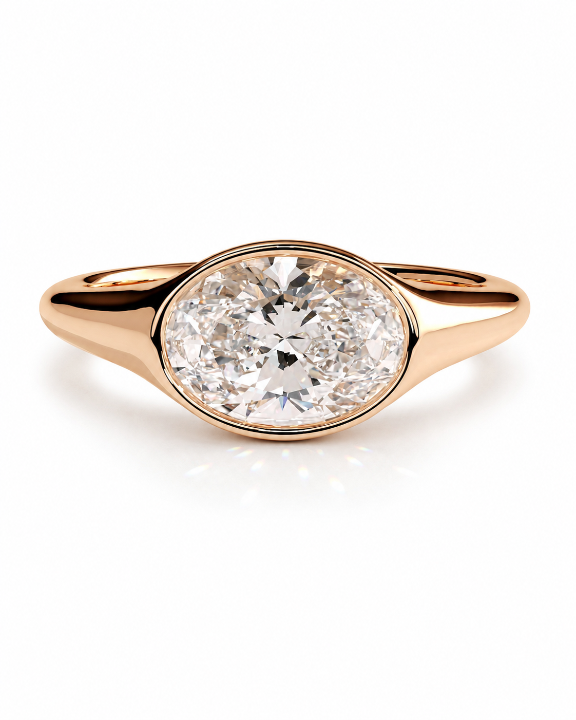 color_10K_RG, color_14K_RG &&A rose gold oval engagement ring featuring a large round brilliant-cut diamond center stone, set against a clean white background.