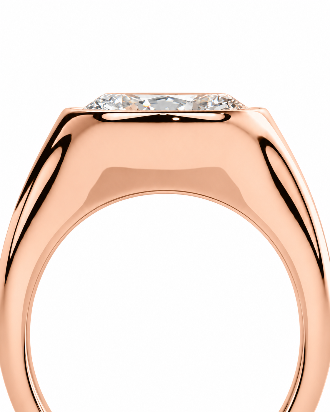 color_10K_RG, color_14K_RG &&Close-up of a rose gold ring with a clear rectangular gemstone on a plain white background.
