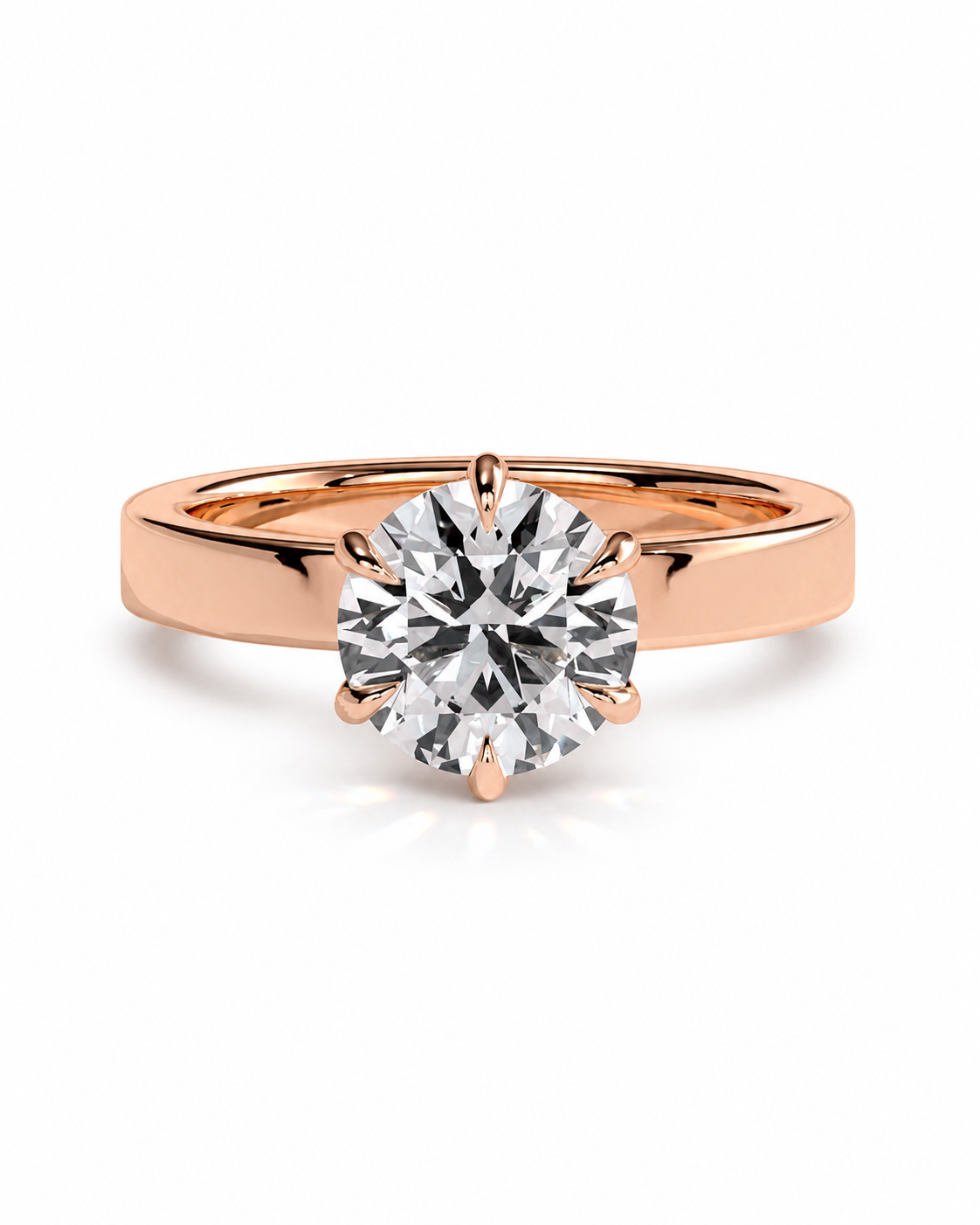color_10K_RG, color_14K_RG &&A classic solitaire engagement ring featuring a round brilliant-cut diamond set in a polished rose gold six-prong setting, on a clean white background.