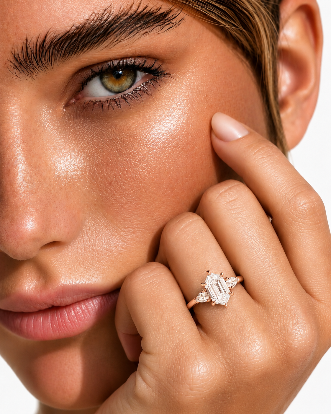 color_10K_RG, color_14K_RG &&A close-up lifestyle shot of a model wearing a rose gold ring with an emerald-cut center stone and baguette side stones on her ring finger.