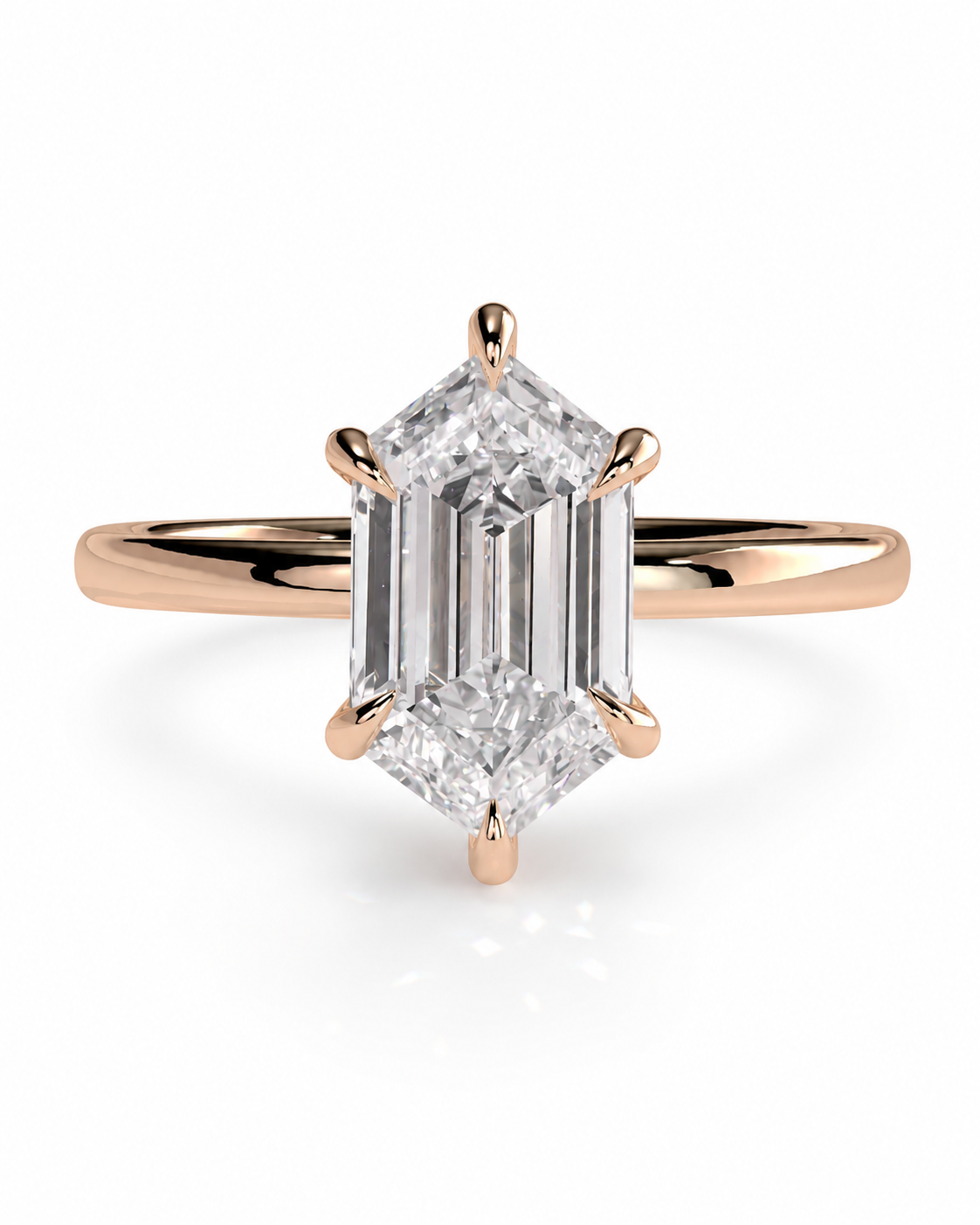 color_10K_RG, color_14K_RG &&
A rose gold ring featuring a large emerald-cut diamond center stone in a four-prong setting, shown on a clean white background.
