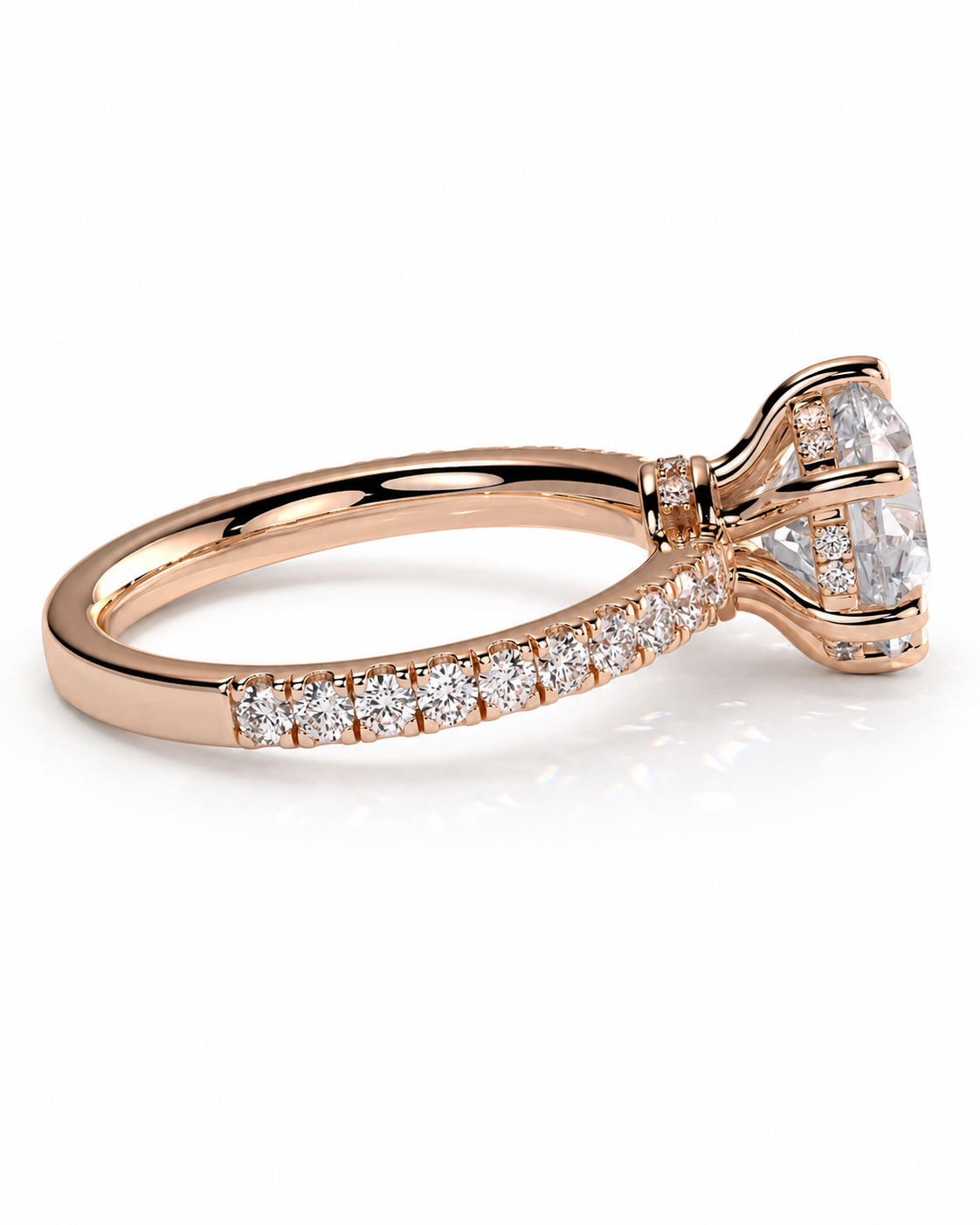 color_10K_RG, color_14K_RG &&A rose gold engagement ring featuring a large round-cut center stone and a pavé band with smaller round stones, shown on a clean white background.