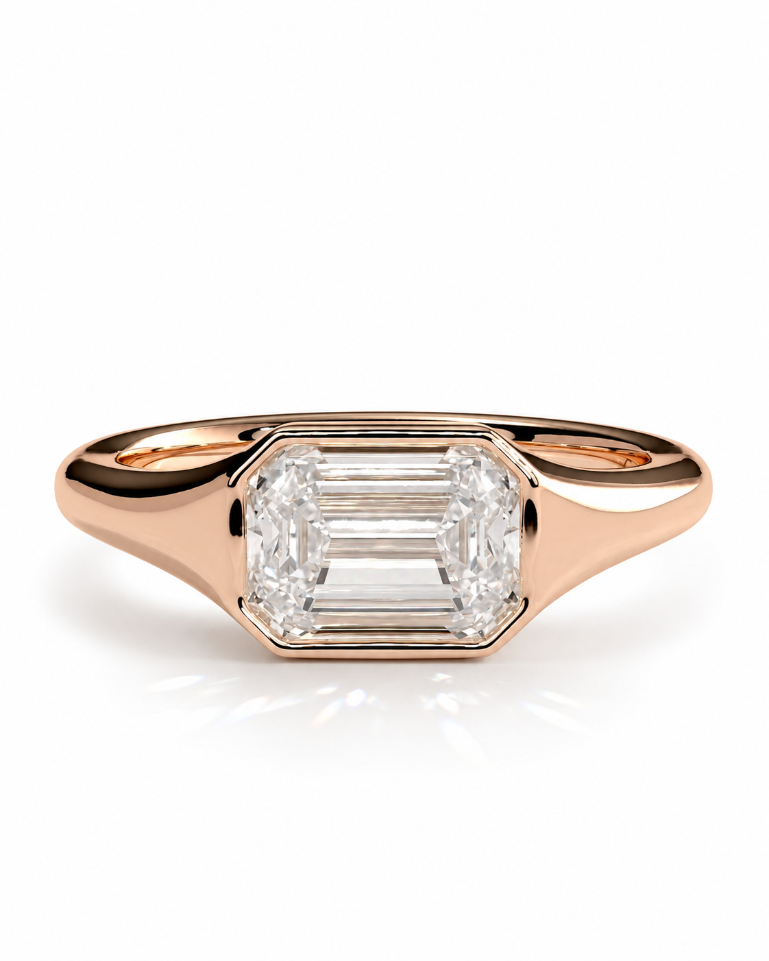 color_10K_RG, color_14K_RG &&A rose gold ring featuring an emerald-cut clear diamond center stone, set against a clean white background.