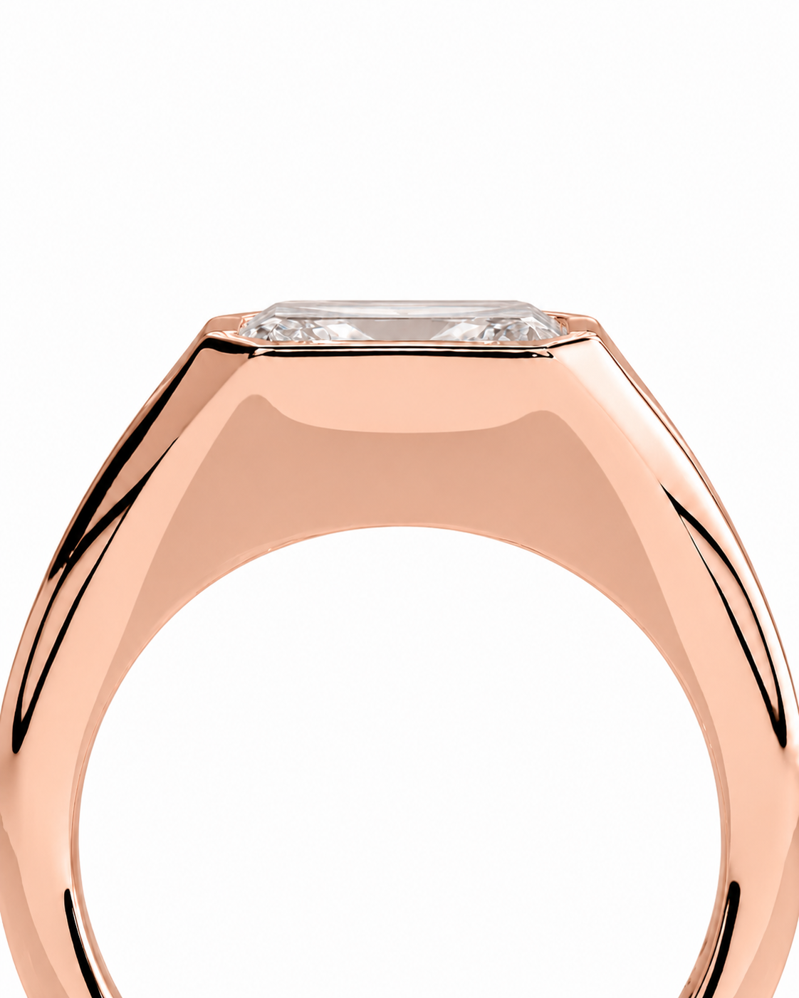 color_10K_RG, color_14K_RG &&Close-up of a rose gold signet ring with a clear rectangular gemstone on a plain white background.