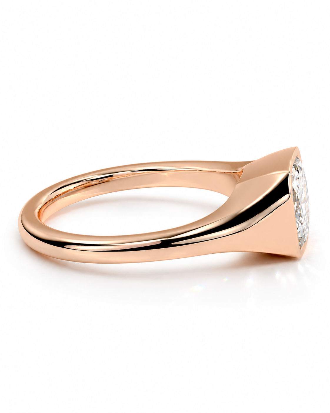 color_10K_RG, color_14K_RG &&A rose gold diamond ring with a triangular bezel setting, shown in a side profile view on a clean white background.
