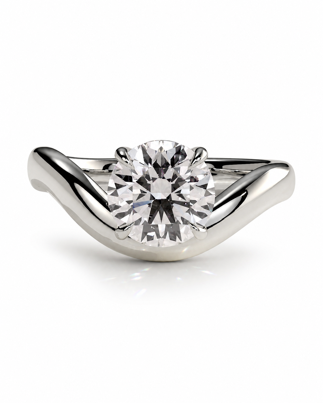 color_925_SIL,color_935_ARG,color_10K_WG, color_14K_WG &&A silver engagement ring featuring a large round brilliant-cut diamond center stone in a prong setting, mounted on a polished wavy band, shown on a white background.