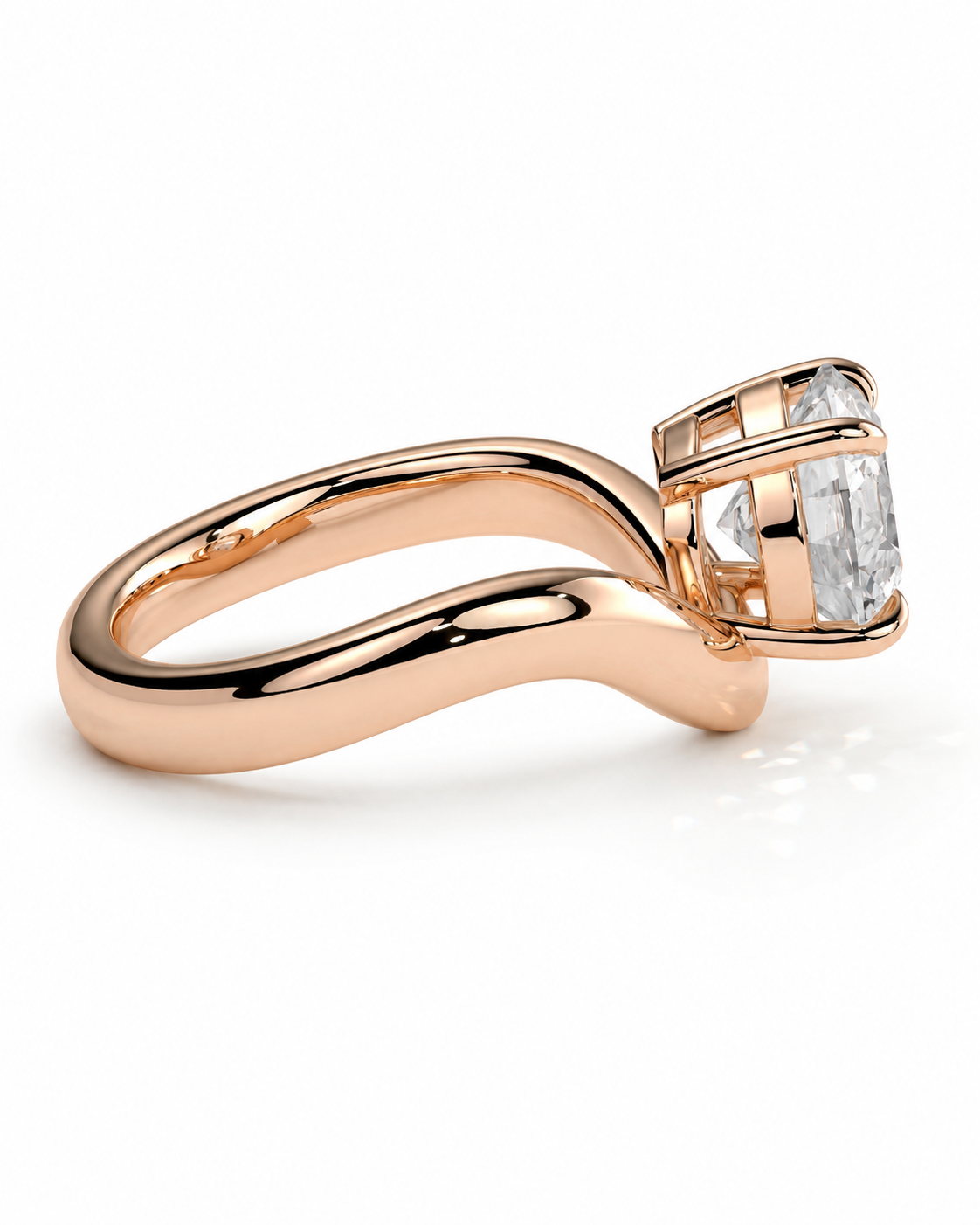 color_10K_RG, color_14K_RG &&A rose gold engagement ring featuring a large rectangular clear gemstone in a prong setting, shown on a clean white background.