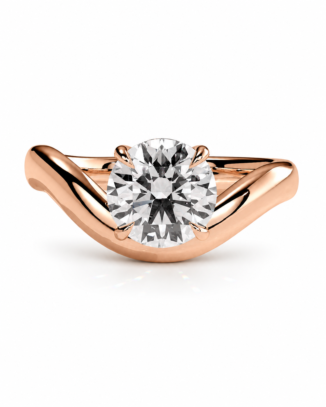 color_10K_RG, color_14K_RG &&A rose gold engagement ring featuring a large round-cut diamond set in a curved, wave-like band, shown on a clean white background.