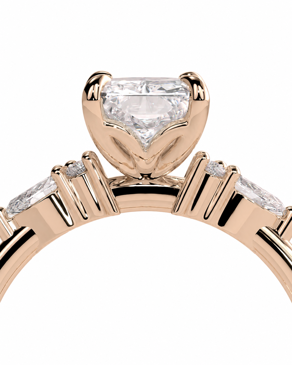color_10K_RG, color_14K_RG &&Rose gold ring with a large triangular clear gemstone in a prong setting, flanked by smaller side stones on a white background.