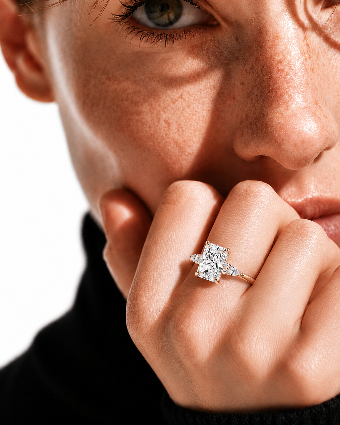 color_10K_RG, color_14K_RG &&A close-up lifestyle shot of a model wearing a silver-toned ring with a large rectangular clear gemstone on her finger, with her hand resting near her chin against a white background.