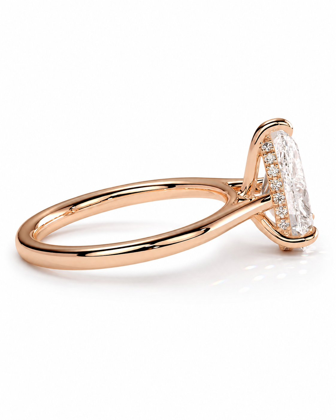color_10K_RG, color_14K_RG &&A rose gold engagement ring featuring a large marquise-cut clear center stone surrounded by a halo of small pavé-set stones, shown on a clean white background.