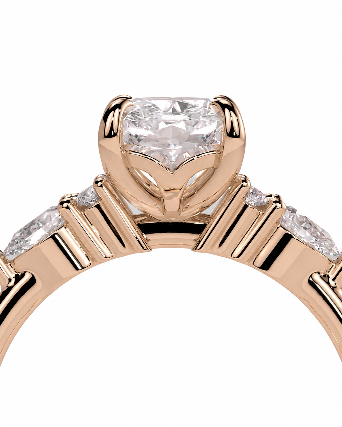 color_10K_RG, color_14K_RG &&Rose gold solitaire engagement ring with a heart-shaped clear center stone and small side stones on a white background.