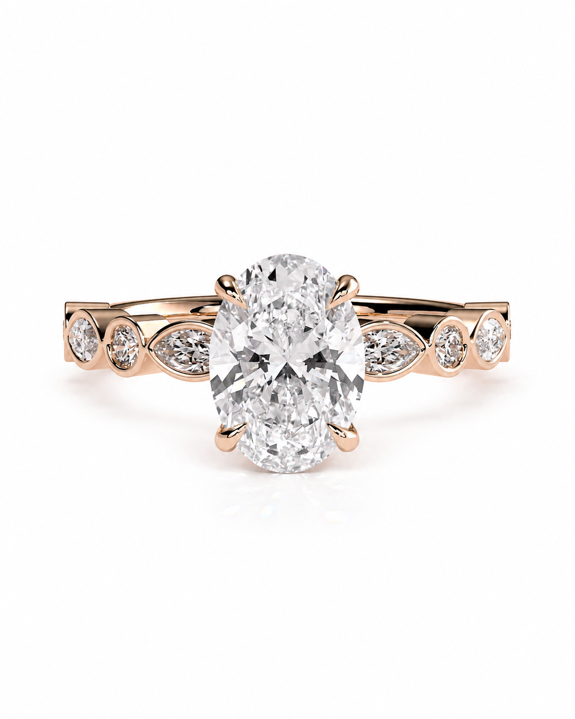 color_10K_RG, color_14K_RG &&An oval-cut diamond engagement ring in rose gold, featuring a large central diamond surrounded by smaller marquise-cut diamonds on the band, set against a clean white background.