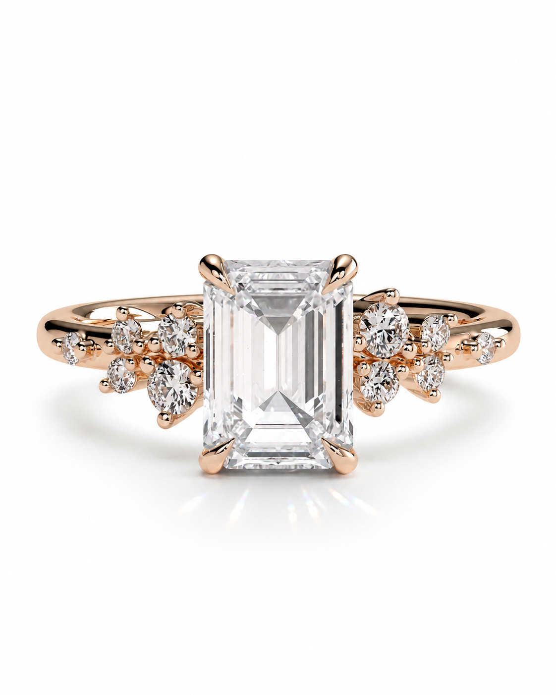 color_10K_RG, color_14K_RG &&A rose gold engagement ring featuring a large emerald-cut clear center stone and smaller accent stones on the shoulders, set against a clean white background.