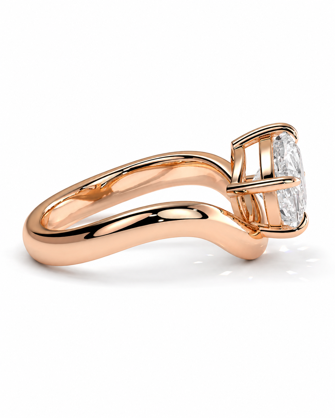 color_10K_RG, color_14K_RG &&A rose gold engagement ring featuring a large oval-cut clear gemstone in a four-prong setting, shown on a clean white background.