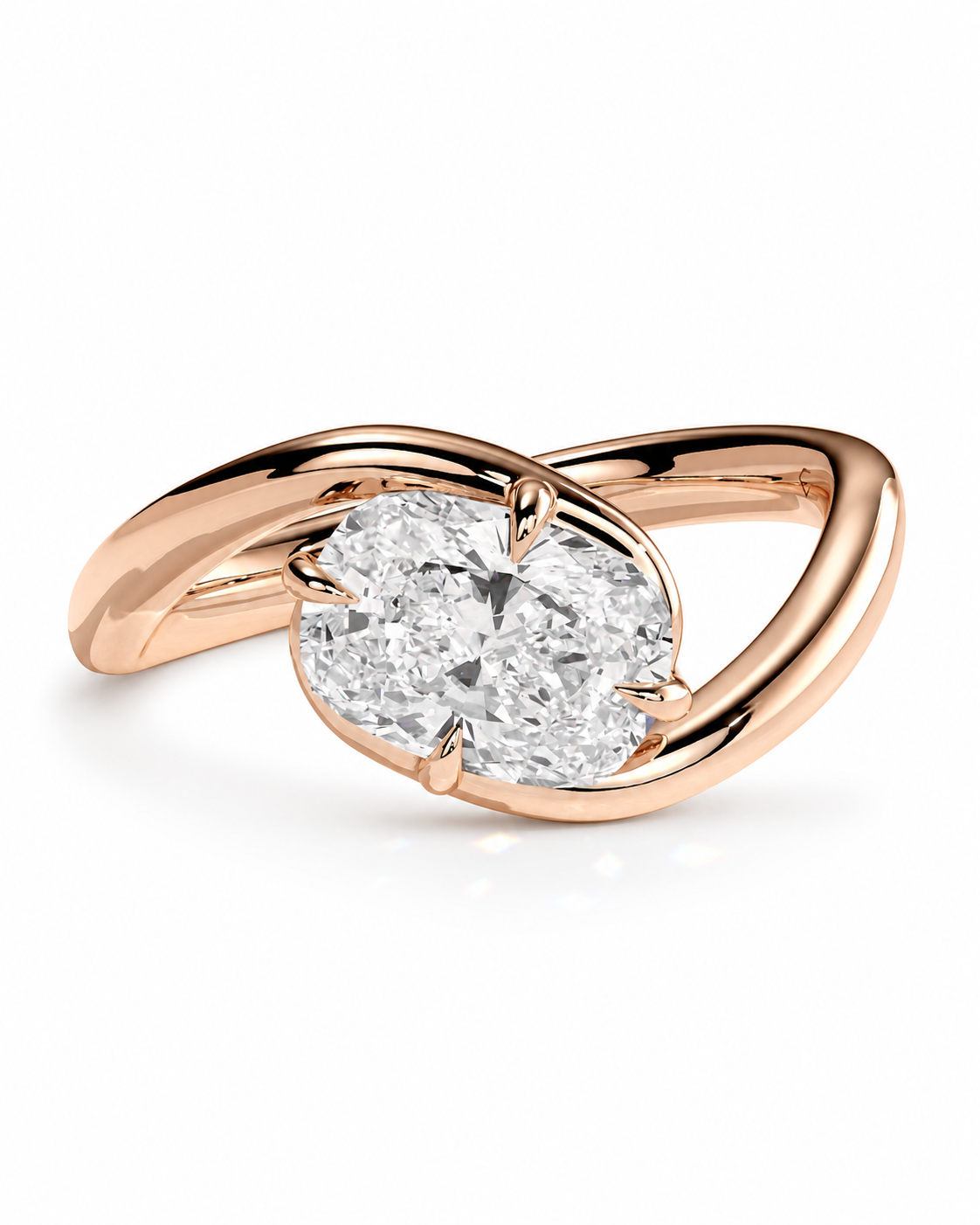 color_10K_RG, color_14K_RG &&A rose gold ring featuring a large oval-cut clear gemstone in a prong setting, with a polished twist-style band, shown on a clean white background.