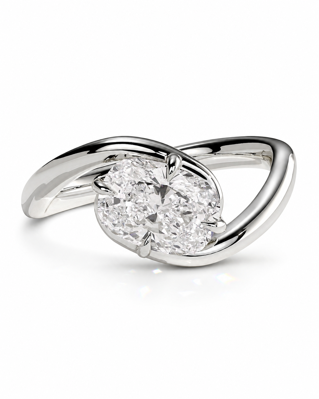 color_925_SIL,color_935_ARG,color_10K_WG, color_14K_WG &&A silver-toned diamond ring with a large oval-cut center stone and a curved, intertwined band, shown on a clean white background.