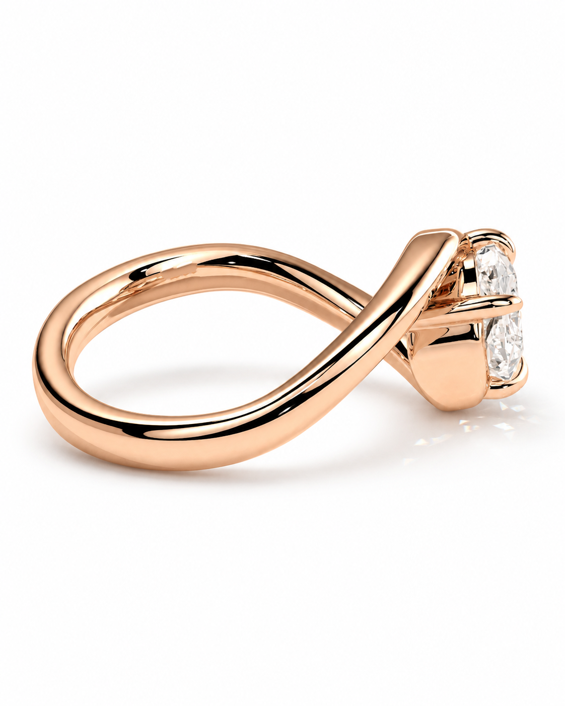color_10K_RG, color_14K_RG &&A rose gold ring with a twisted infinity band design and a prong setting holding two clear round-cut gemstones, shown on a clean white background.