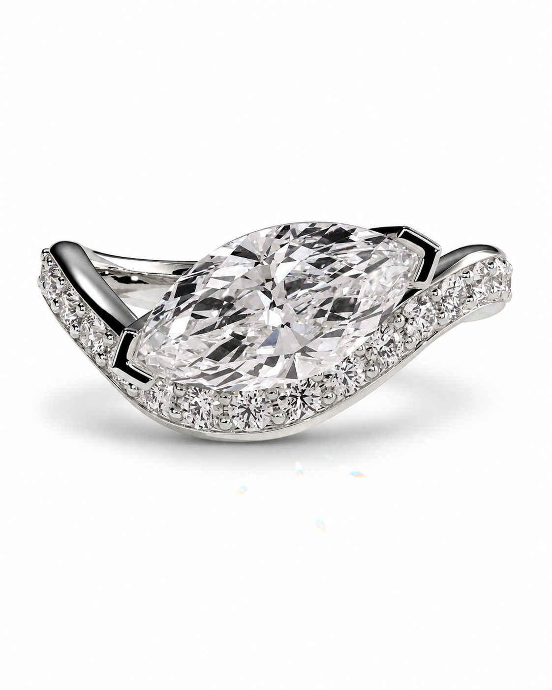 color_925_SIL,color_935_ARG,color_10K_WG, color_14K_WG &&A marquise-cut diamond ring with a pavé halo and a curved pavé band, set in a silver-colored metal on a white background.