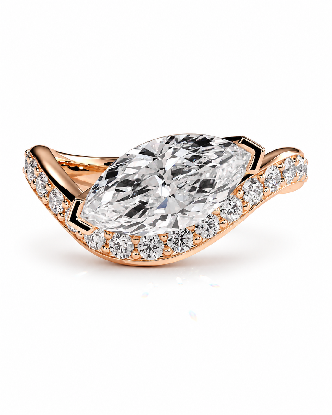 color_10K_RG, color_14K_RG &&A rose gold ring featuring a large marquise-cut diamond center stone and smaller diamonds set along the curved band, shown on a clean white background.