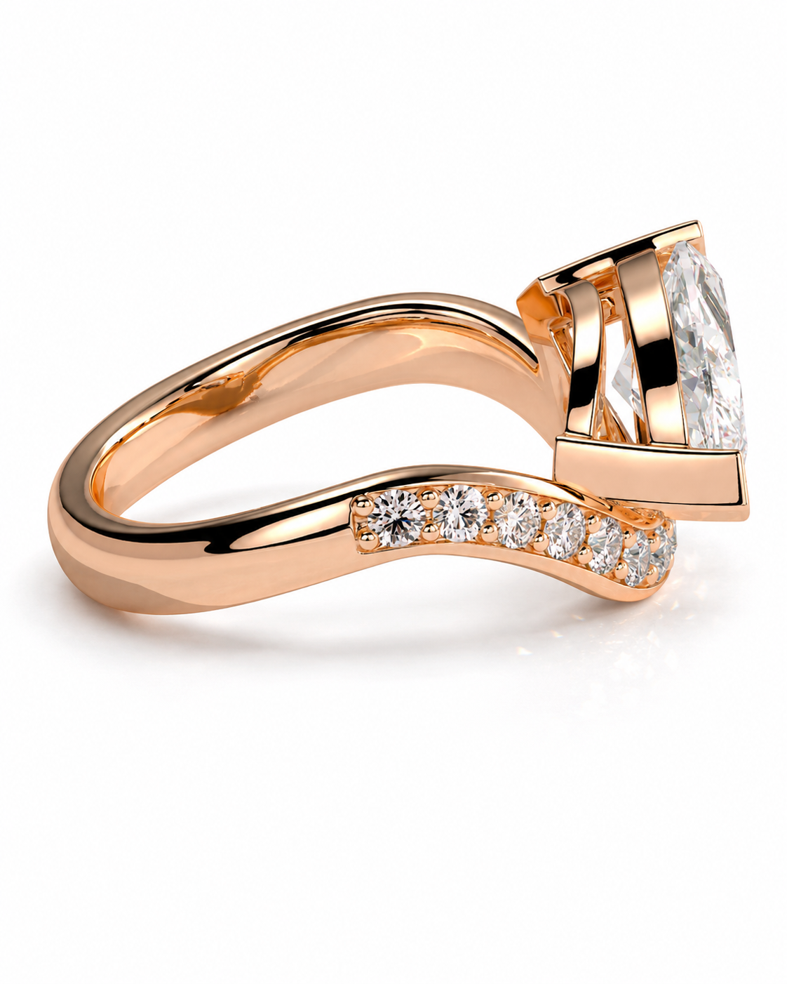color_10K_RG, color_14K_RG &&Rose gold diamond ring with a marquise-cut center stone and a row of small round diamonds on the band, shown on a white background.