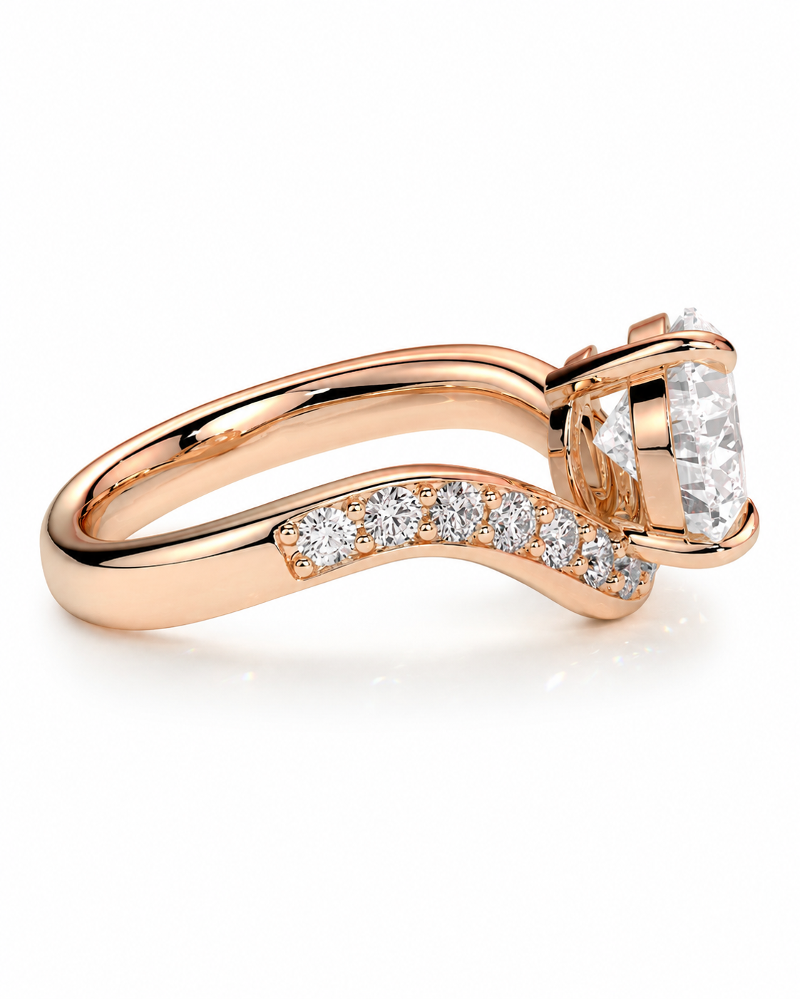 color_10K_RG, color_14K_RG &&Rose gold diamond ring with a large oval-cut center stone and a pavé band of smaller round diamonds, shown on a white background.