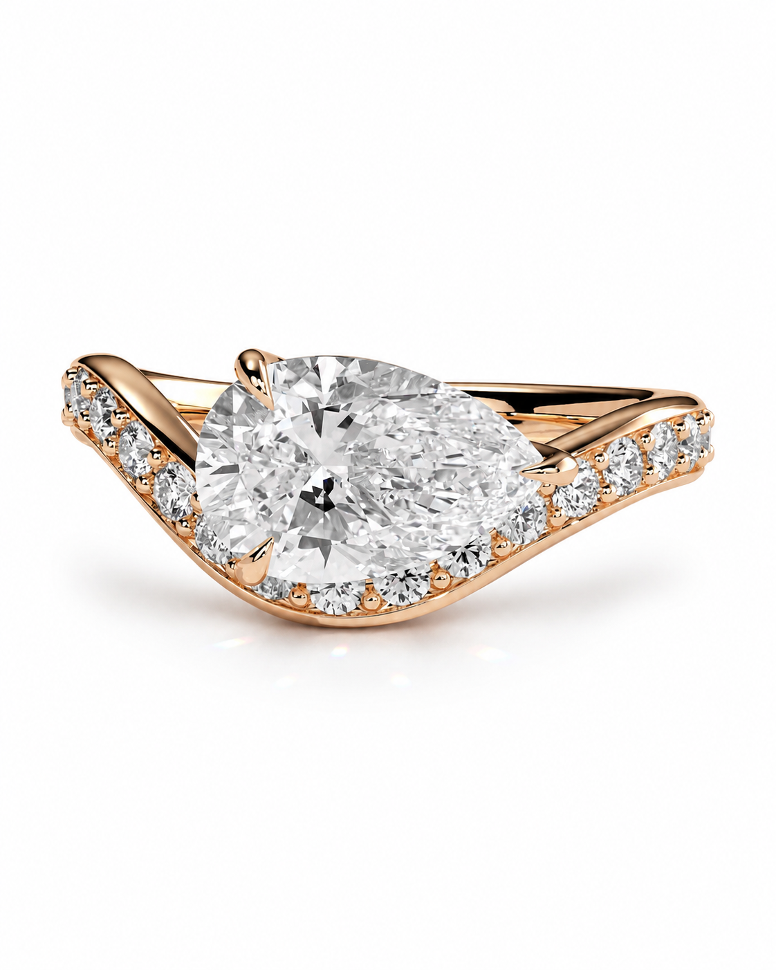 color_10K_RG, color_14K_RG &&A rose gold engagement ring featuring a large pear-cut center diamond and a halo of smaller diamonds along a curved, pavé-set band, shown on a clean white background.