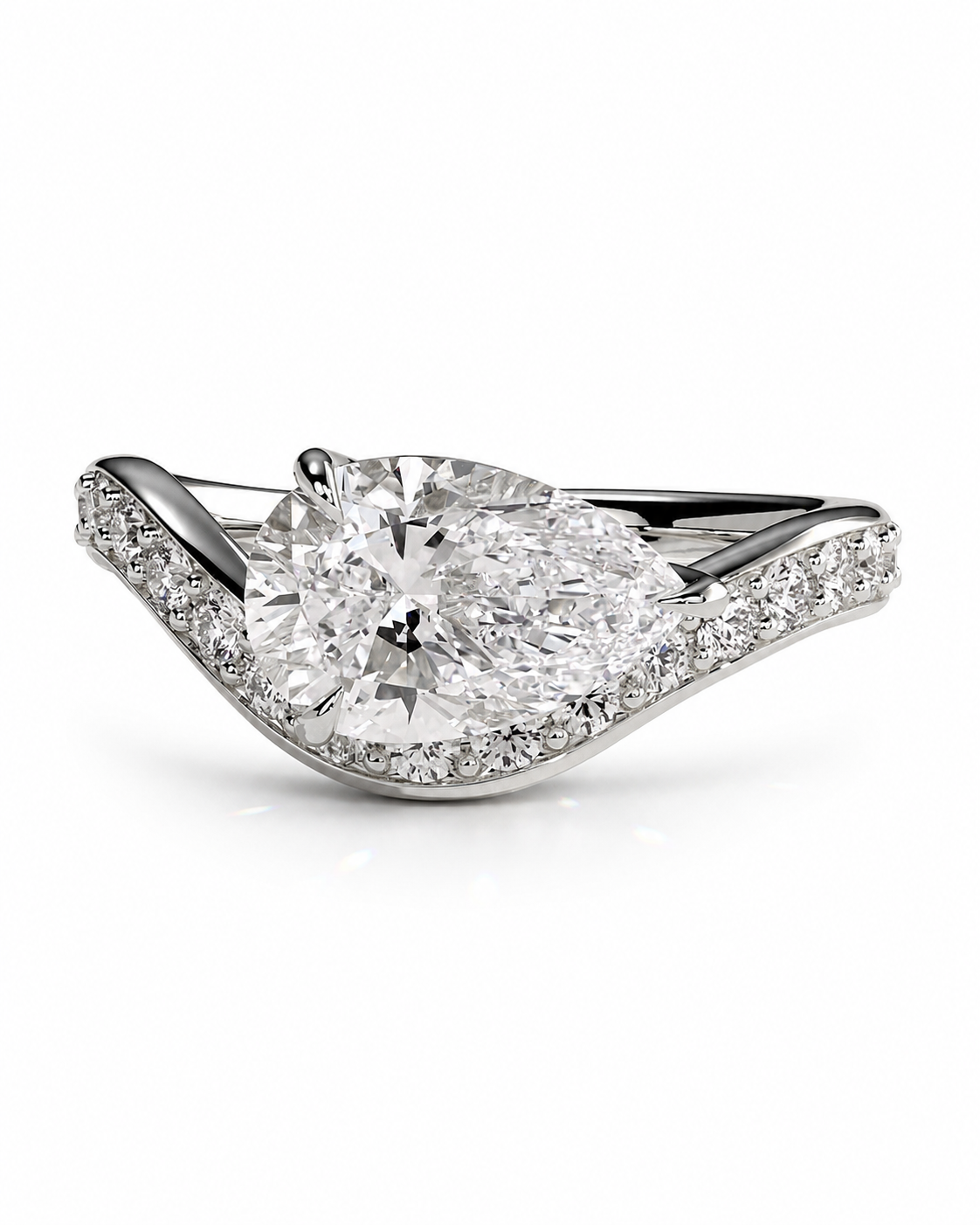 color_925_SIL,color_935_ARG,color_10K_WG, color_14K_WG &&A radiant cut diamond engagement ring in a silver-colored setting with pavé diamonds along the curved band, shown on a clean white background.