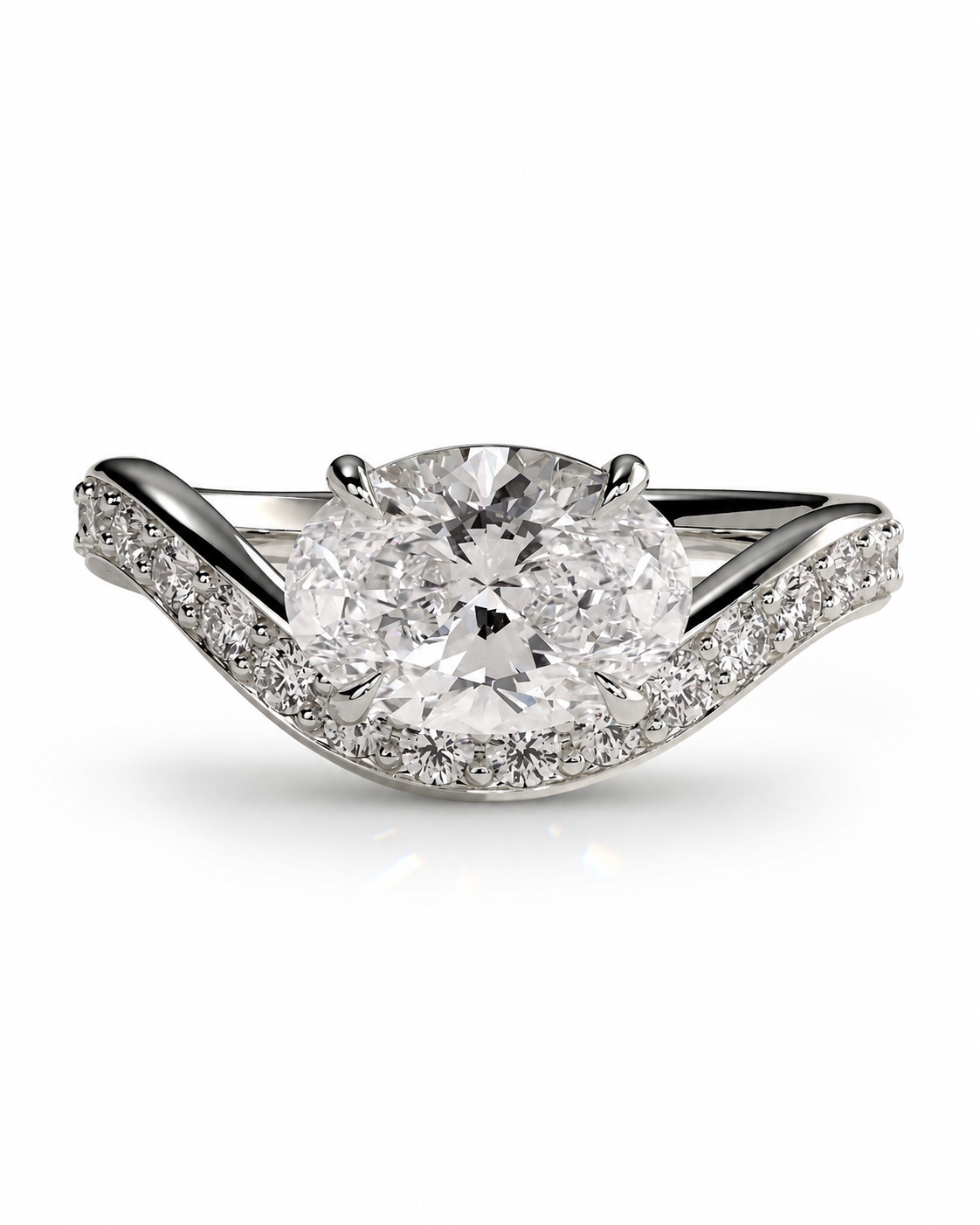 color_925_SIL,color_935_ARG,color_10K_WG, color_14K_WG &&A silver-toned diamond engagement ring featuring a large round-cut center stone and a halo of smaller diamonds set in a curved, open pavé band, shown on a clean white background.